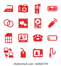 Device Icons Set. Set Of 16 Device Filled Icons Such As Camera, Desk Phone, Iron, Mouse, Laptop, Photo With Heart, Camera Lense, Wire, Low Battery, Broken Battery, Intercom