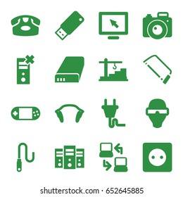 Device icons set. set of 16 device filled icons such as plug socket, desk phone, hacksaw, portable console, earphones, wire, usb drive, battery, construction  crane, plug