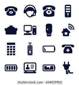 Device Icons Set. Set Of 16 Device Filled Icons Such As Laptop, Cpu, Operator, Medical Phone, Desk Phone, Camera Lense, Ful Battery, Low Battery, Broken Battery, Plug, Pc