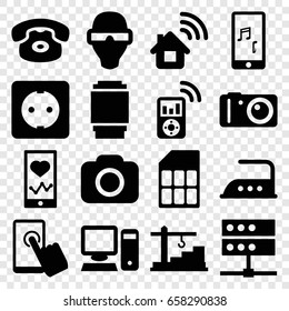 Device icons set. set of 16 device filled icons such as iron, heartbeat on phone, mobile phone music, camera, camera lense, construction  crane, plug socket, pc, mp3 player