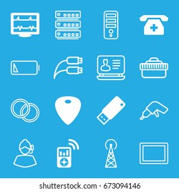 Device icons set. set of 16 device filled and outline icons such as signal tower, heartbeat, medical phone, guitar mediator, usb drive, mp3 player, laptop, cpu, drill, tablet