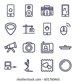 device icons set. Set of 16 device outline icons such as laptop connection, photo with heart, guitar mediator, mobile phone music, earphones, loudspeaker, camera, camera lense