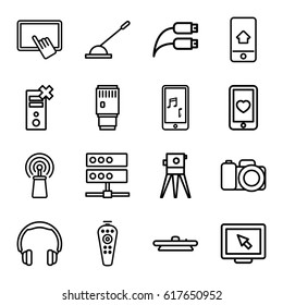 Device icons set. set of 16 device outline icons such as finger on tablet, theodolite, heart mobile, signal, remote control, arm lever, mobile phone music, earphone wire