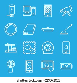 Device Icons Set. Set Of 16 Device Outline Icons Such As Heartbeat On Phone, Photo With Heart, Signal, Arm Lever, Camera Lense, Battery, Broken Battery, Construction  Crane