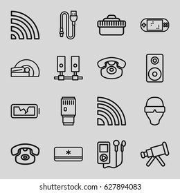 Device Icons Set. Set Of 16 Device Outline Icons Such As Wi-fi, Desk Phone, MRI, Loudspeaker, Camera Lense, Wire, Broken Battery, Air Conditioner, Portable Game Console