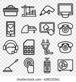 Device icons set. set of 16 device outline icons such as drill, heartbeat on phone, touchscreen, display, desk phone, operator, arm lever, mri, camera lense