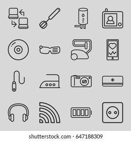 Device icons set. set of 16 device outline icons such as plug socket, vacuum cleaner, iron, heartbeat on phone, wi-fi, headset, camera, wire, ful battery, corolla, intercom