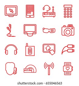 Device icons set. set of 16 device outline icons such as signal tower, display, mri, earphones, earphone wire, intercom, home on tablet, calendar on phone, camera