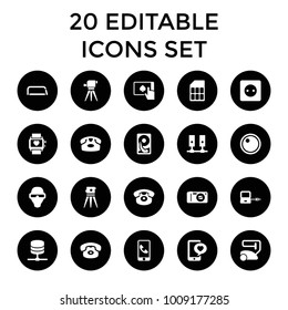 Device icons. set of 20 editable filled device icons such as laptop connection, plug socket, desk phone, vacuum cleaner. best quality device elements in trendy style.