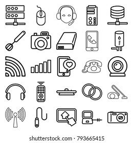 Device icons. set of 25 editable outline device icons such as laptop connection, mouse, phone with heart, wi-fi, earphones, server, camera, camera lense, wire, battery