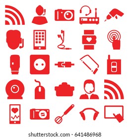 Device icons set. set of 25 device filled icons such as plug socket, finger on tablet, mouse, drill, hacksaw, heartbeat on phone, touchscreen, wi-fi, earphones, support