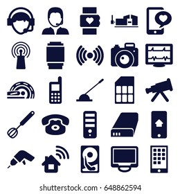 Device icons set. set of 25 device filled icons such as phone, cpu, drill, vice clamp, heartbeat, phone with heart, signal, display, operator, arm lever, mri, support