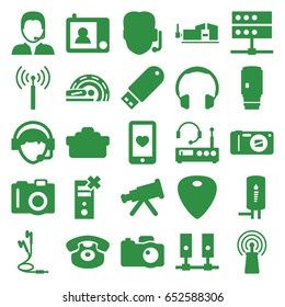 Device icons set. set of 25 device filled icons such as signal tower, camera, vice clamp, heart mobile, signal, desk phone, operator, mri, flash drive, guitar mediator