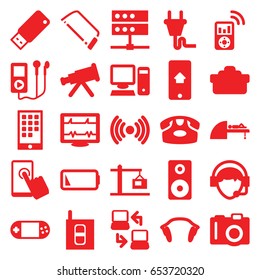 Device Icons Set. Set Of 25 Device Filled Icons Such As Camera, Desk Phone, Hacksaw, Heartbeat, Portable Console, Operator, Mri, Earphones, Loudspeaker, Camera Lense