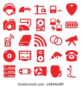 Device Icons Set. Set Of 25 Device Filled Icons Such As Laptop Connection, Vacuum Cleaner, Drill, Heartbeat, Portable Console, Operator, Mri, Guitar Mediator, Earphones