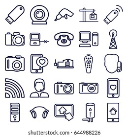 Device icons set. set of 25 device outline icons such as signal tower, laptop connection, camera, cpu, drill, vice clamp, heart mobile, phone with heart, remote control