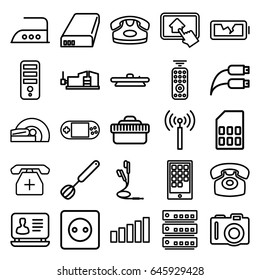 Device Icons Set. Set Of 25 Device Outline Icons Such As Signal Tower, Camera, Plug Socket, Desk Phone, Iron, Laptop, Cpu, Vice Clamp, Portable Console, Medical Phone, Mri