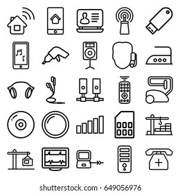 Device icons set. set of 25 device outline icons such as laptop connection, vacuum cleaner, iron, laptop, cpu, drill, heartbeat, signal, medical phone, flash drive