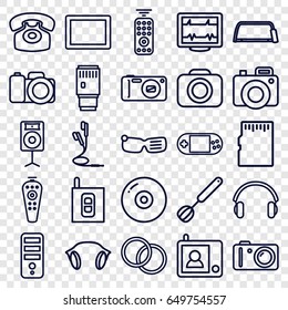 Device icons set. set of 25 device outline icons such as cpu, hacksaw, heartbeat, portable console, remote control, tablet, earphones, desk phone, loudspeaker, camera