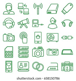 Device icons set. set of 25 device outline icons such as signal tower, laptop connection, iron, laptop, hacksaw, heartbeat on phone, touchscreen, operator, flash drive