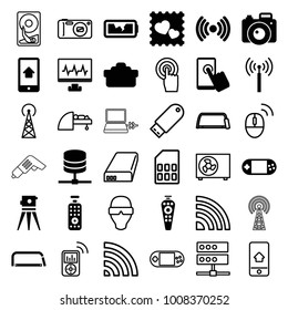 Device icons. set of 36 editable filled and outline device icons such as signal tower, theodolite, photo with heart, touchscreen, portable console, remote control, server