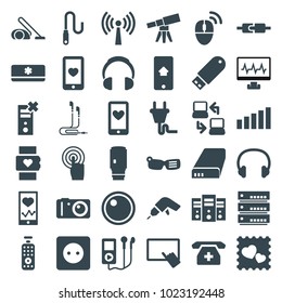 Device icons. set of 36 editable filled device icons such as finger on tablet, drill, heart rate watch, mp3 player, heartbeat on phone, smart glasses, heart mobile