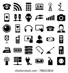 Device icons. set of 36 editable filled device icons such as signal tower, plug socket, finger on tablet, phone, mouse, cpu, hacksaw, heartbeat on phone, man in smart glasses