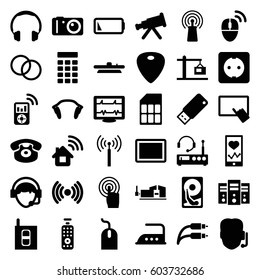 Device icons set. set of 36 device filled icons such as signal tower, finger on tablet, iron, mouse, vice clamp, heartbeat, heartbeat on phone, signal, touchscreen, tablet