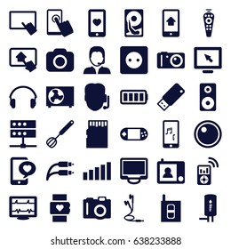 Device icons set. set of 36 device filled icons such as camera, plug socket, finger on tablet, heartbeat, heart mobile, phone with heart, portable console, remote control