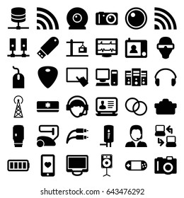Device icons set. set of 36 device filled icons such as signal tower, camera, finger on tablet, vacuum cleaner, mouse, laptop, heartbeat, heart mobile, portable console, wi-fi