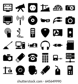 Device icons set. set of 36 device filled icons such as signal tower, laptop connection, mouse, cpu, vice clamp, heartbeat, touchscreen, display, arm lever, mri, flash drive