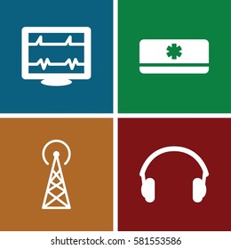 device icons set. Set of 4 device filled icons such as signal tower, heartbeat, earphones