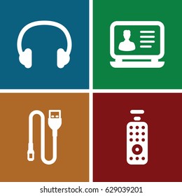 Device icons set. set of 4 device filled icons such as laptop, headset, wire