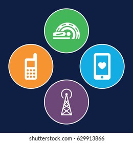 Device icons set. set of 4 device filled icons such as signal tower, phone, heart mobile