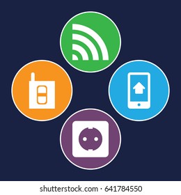 Device icons set. set of 4 device filled icons such as wi-fi, home on phone display, plug socket