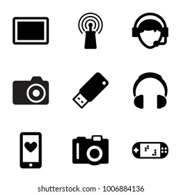 Device icons. set of 9 editable filled device icons such as camera, signal, tablet, operator, usb drive, portable game console, headphones