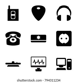 Device Icons. Set Of 9 Editable Filled Device Icons Such As Guitar Mediator, Desk Phone, Camera Lense, Plug Socket, Intercom, Pc, Air Conditioner, Headphones