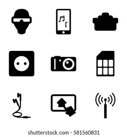 device icons set. Set of 9 device filled icons such as signal tower, plug socket, mobile phone music, earphones, camera, camera lense, home on tablet, memory card
