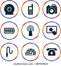 device icons set. Set of 9 device filled icons such as phone, signal, medical phone, MRI, wire, ful battery, web camera, home on tablet