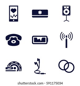 Device Icons Set. Set Of 9 Device Filled Icons Such As Signal Tower, Heartbeat On Phone, MRI, Earphones, Loudspeaker, Camera Lense, Broken Battery, Air Conditioner