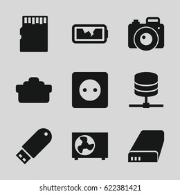 Device Icons Set. Set Of 9 Device Filled Icons Such As Plug Socket, Flash Drive, Camera Lense, Battery, Broken Battery, Air Conditioner, Camera, Memory Card