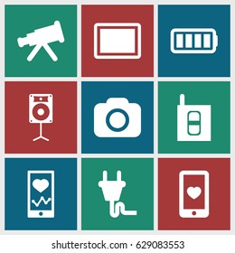 Device icons set. set of 9 device filled icons such as heartbeat on phone, heart mobile, tablet, loudspeaker, camera, ful battery, plug, intercom