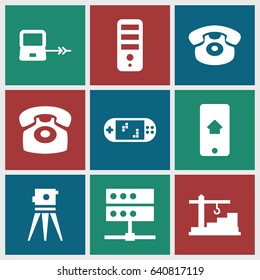 Device icons set. set of 9 device filled icons such as laptop connection, cpu, theodolite, desk phone, construction  crane, home on phone display, portable game console