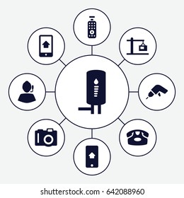 Device icons set. set of 9 device filled icons such as camera, desk phone, drill, construction  crane, home on phone display, geyser, remote control