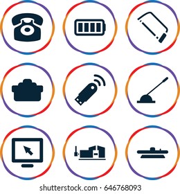 Device Icons Set. Set Of 9 Device Filled Icons Such As Hacksaw, Vice Clamp, Arm Lever, Desk Phone, Camera Lense, Ful Battery, Usb Signal