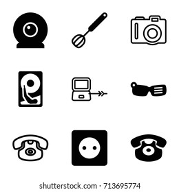 Device icons set. set of 9 device filled and outline icons such as plug socket, desk phone, corolla, web camera, hard disc, smart glasses, laptop connection