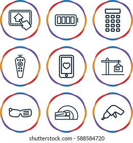 device icons set. Set of 9 device outline icons such as drill, heart mobile, remote control, MRI, ful battery, construction  crane, home on tablet, intercom