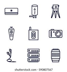 device icons set. Set of 9 device outline icons such as theodolite, remote control, earphones, camera, camera lense, intercom, geyser, air conditioner