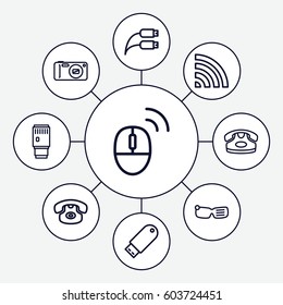 Device Icons Set. Set Of 9 Device Outline Icons Such As Desk Phone, Wi-fi, Flash Drive, Earphone Wire, Camera, Camera Lense, Computer Mouse