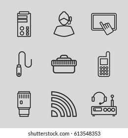 Device Icons Set. Set Of 9 Device Outline Icons Such As Finger On Tablet, Phone, Camera Lense, Wire, Listening Device, Server, Signal